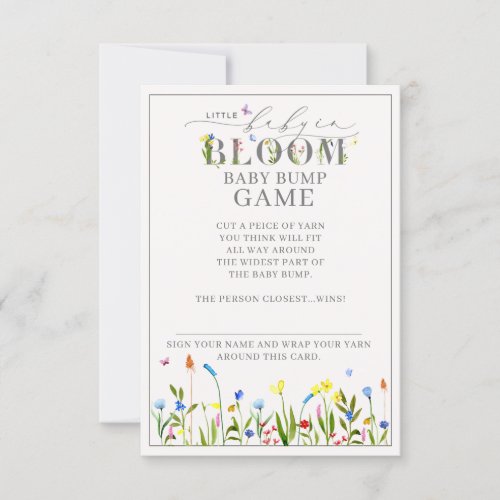 Pretty Baby in Bloom Wildflower Bump Game Invitation - Designed to coordinate with our bestselling Pretty Baby in Bloom Wildflower Girl Baby Shower invitations, this baby shower baby bump game features hand lettered script typography, and 'bloom' is decorated with delicate watercolor wildflowers and butterflies. The design is completed with a meadow of wildflowers at the bottom, and a welcome message on the back of the card. Contact designer for matching products and design variations. Copyright Elegant Invites, all rights reserved.