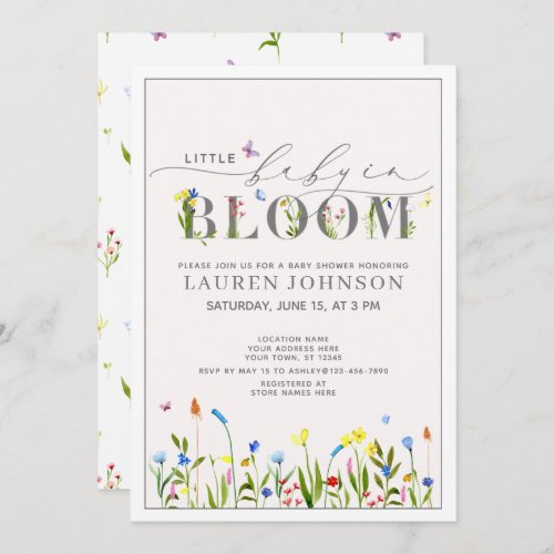 Pretty Baby in Bloom Wildflower Girl Baby Shower I Invitation - We are in LOVE with this design! And we hope you love it as much as we do! So pretty and delicate, this baby girl wildflower baby shower invitation features hand lettered script typography, and 'bloom' is decorated with delicate watercolor wildflowers and butterflies. The design is completed with a meadow of wildflowers at the bottom, and a wildflower pattern on the back of the card. Contact designer for matching products and design variations. Copyright Elegant Invites, all rights reserved.
