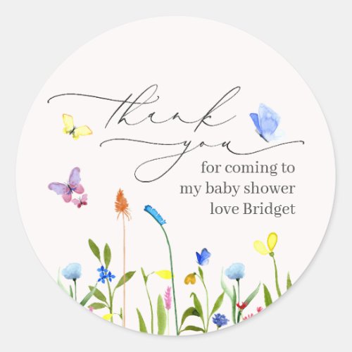 Pretty Baby in Bloom Wildflower Thank You Classic Round Sticker - Designed to coordinate with our bestselling Pretty Baby in Bloom Wildflower Girl Baby Shower invitations, this baby shower thank you sticker features hand lettered script typography, decorated with delicate watercolor wildflowers and butterflies, and your thank you message. Contact designer for matching products and design variations. Copyright Elegant Invites, all rights reserved.