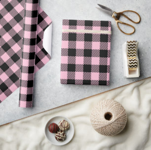 Pretty Baby Pink And Black Buffalo Plaid Wrapping Paper