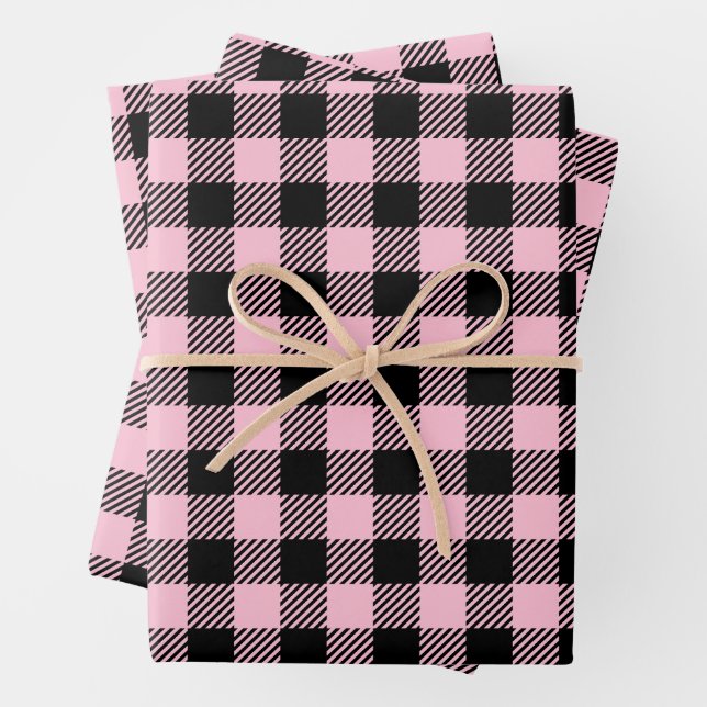 Pretty Baby Pink And Black Buffalo Plaid  Wrapping Paper Sheets (In situ)