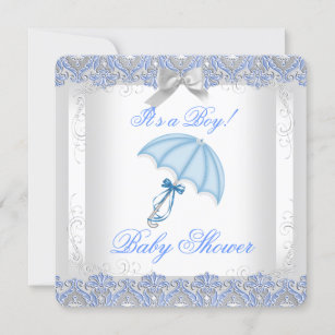 Pretty Baby Shower Boy White Silver Lace Blue Invitation
