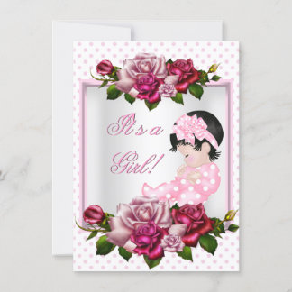 Pretty Baby Shower Cute Girl Pink Roses Polka Dots Invitation