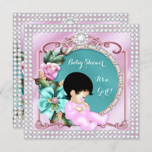 Pretty Baby Shower Floral Teal Pink Brunette Baby Invitation