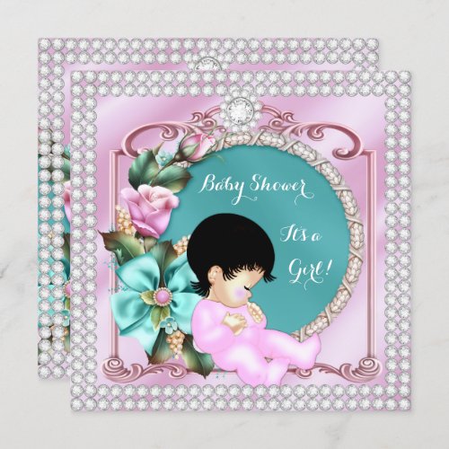 Pretty Baby Shower Floral Teal Pink Brunette Baby Invitation