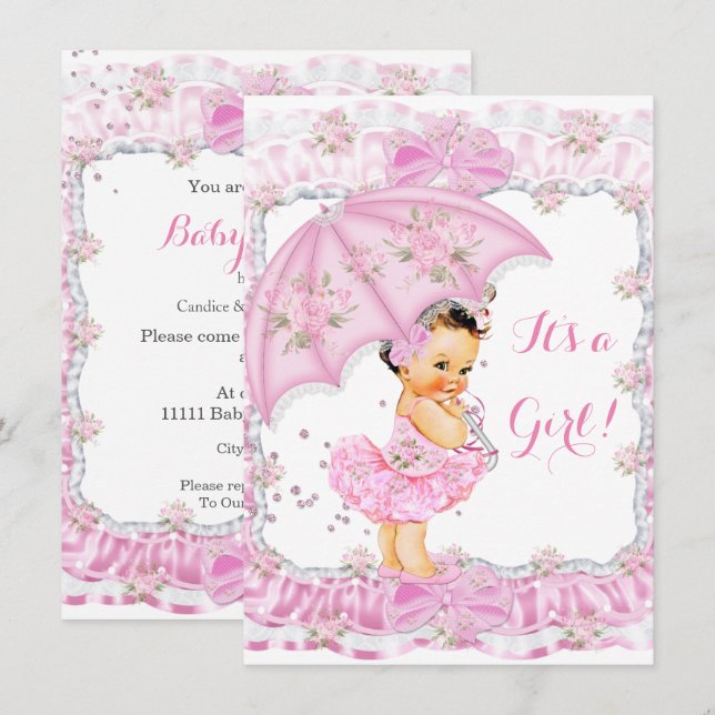 Pretty Baby Shower Girl Floral Pink Brunette Invitation (Front/Back)