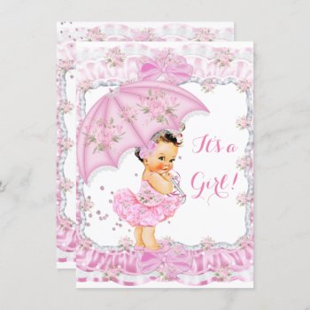 Pretty Baby Shower Girl Floral Pink Brunette Invitation by VintageBabyShop at Zazzle