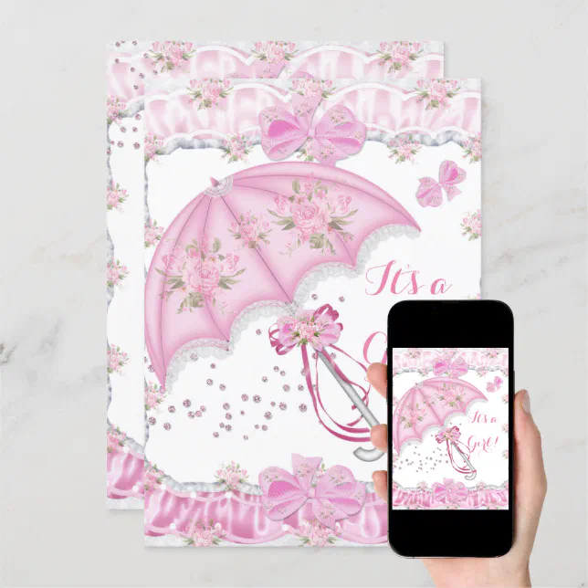 Pretty Baby Shower Girl Floral Pink Umbrella Invitation | Zazzle