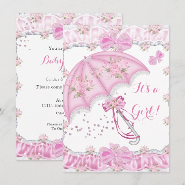Pretty Baby Shower Girl Floral Pink Umbrella Invitation (Front/Back)