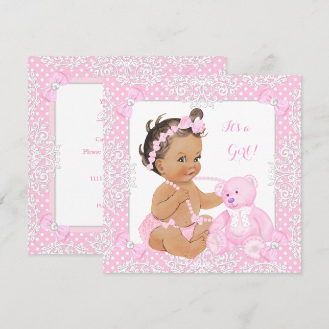 Pretty Baby Shower Girl Lace Pink Bear Brunette 2 Invitation (Front/Back)