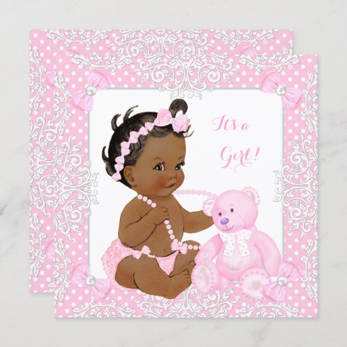 Pretty Baby Shower Girl Lace Pink Bear Ethnic Invitation