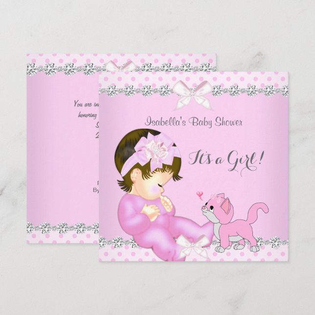 Pretty Baby Shower Girl Pink Polka Dot Kitten 2 Invitation (Front/Back)