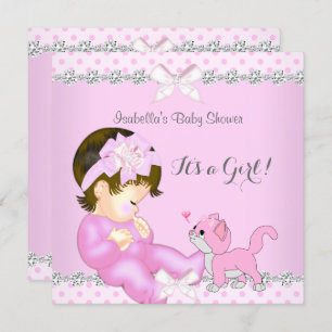 Pretty Baby Shower Girl Pink Polka Dot Kitten 2 Invitation