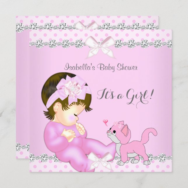 Pretty Baby Shower Girl Pink Polka Dot Kitten 2 Invitation (Front/Back)