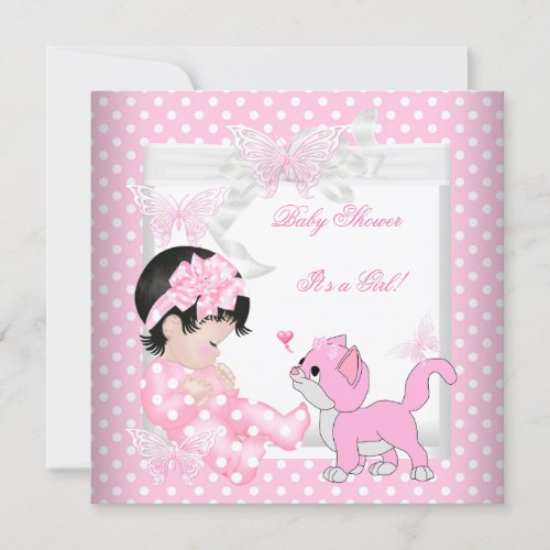 Pretty Baby Shower Girl Pink Spot Kitten 3CC Invitation