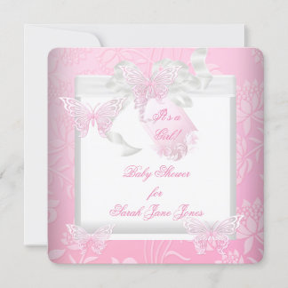 Pretty Baby Shower Girl Pink White Butterfly Invitation