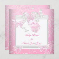 Pretty Baby Shower Girl Pink White Butterfly Invitation