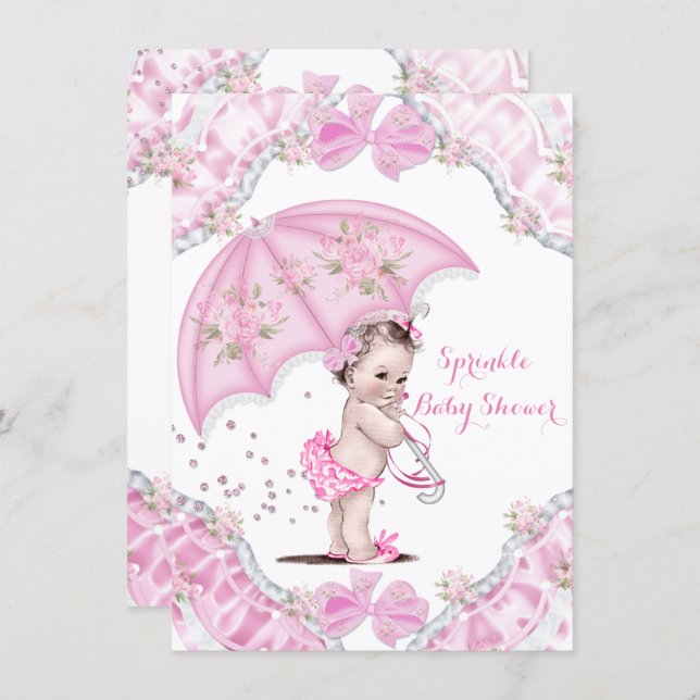 Pretty Baby Shower Pink Umbrella Girl Flowers Invitation (Front/Back)