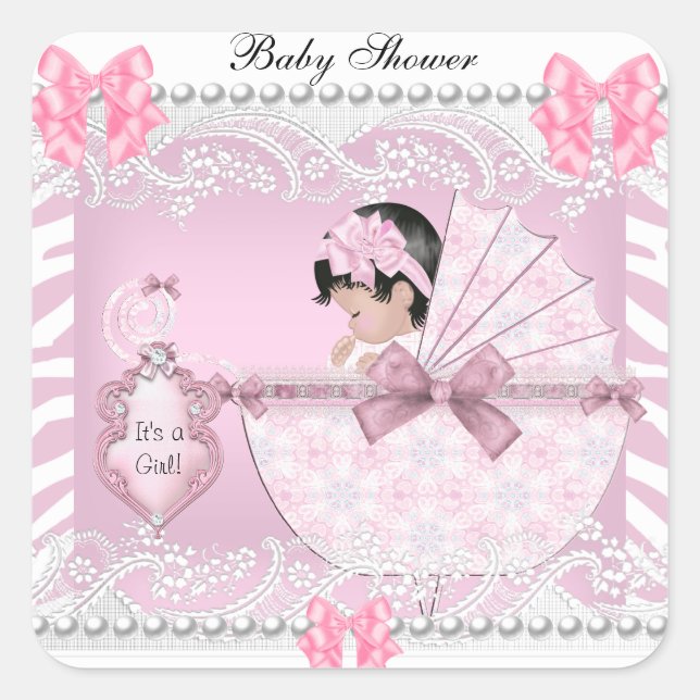 Pretty Baby Shower Zebra Baby Girl Pink Lace Square Sticker (Front)