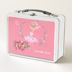 Pretty Ballerina and Flowers, Custom Name Metal Lunch Box
