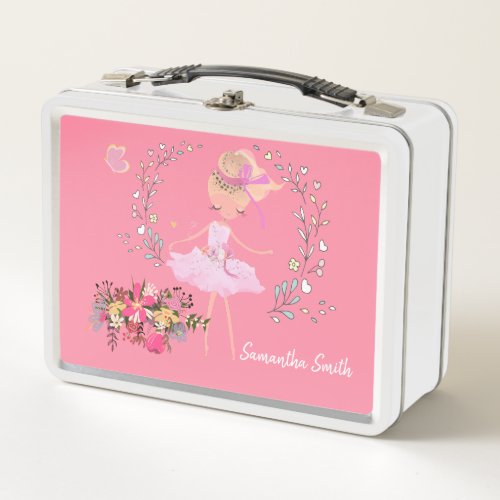 Pretty Ballerina and Flowers Custom Name Metal Lunch Box