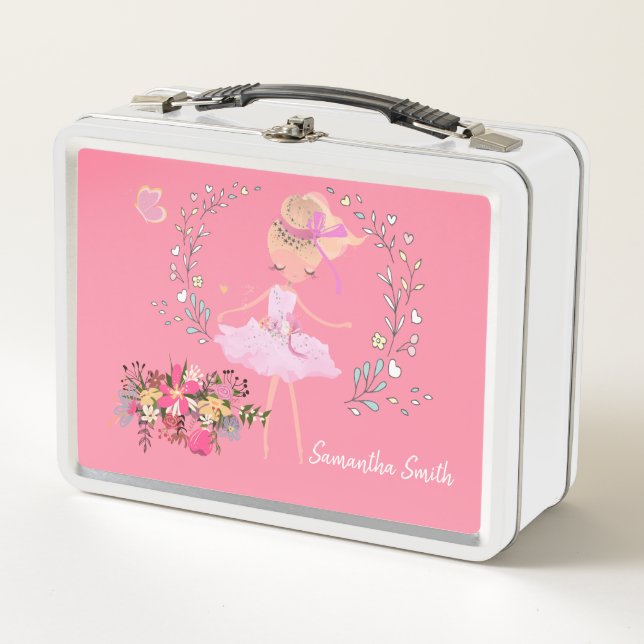 Pretty Ballerina and Flowers, Custom Name Metal Lunch Box (Front)