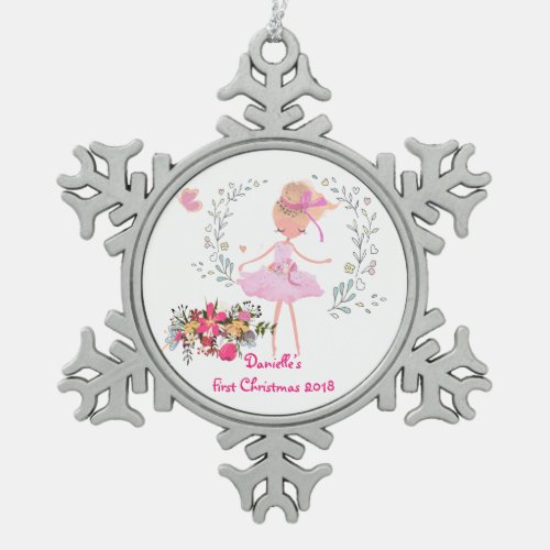 Pretty Ballerina Design Baby First Christmas Snowflake Pewter Christmas Ornament