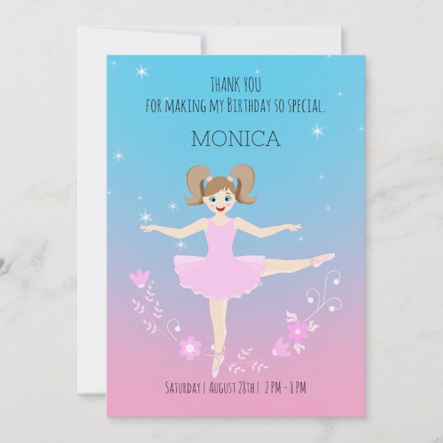 Pretty Ballerina girl Birthday Party Thank You Card (Front)