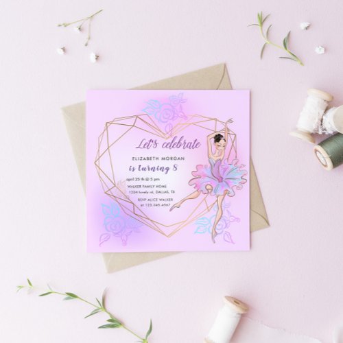 Pretty Ballerina Pastel Square Birthday Invitation