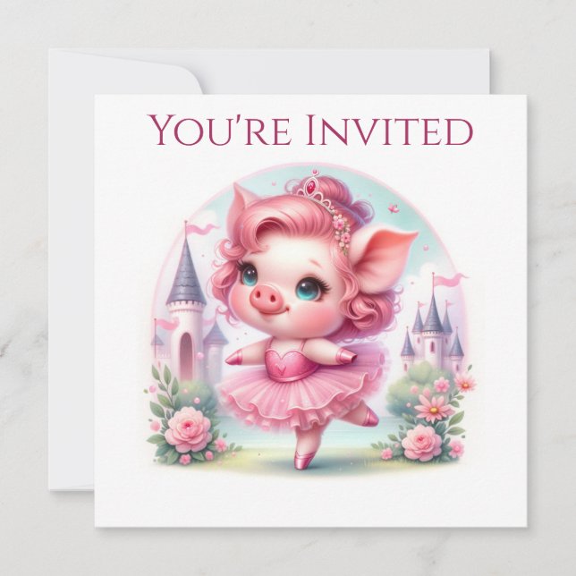 Pretty Ballerina Pig with Castle Invitation (Front)