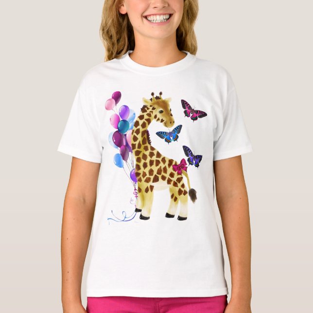 Pretty Balloons, Butterflies & Cute Giraffe White T-Shirt (Front)