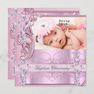 Pretty Baptism Pink Girl Photo Butterfly Cross Invitation
