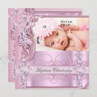 Pretty Baptism Pink Girl Photo Butterfly Cross Invitation