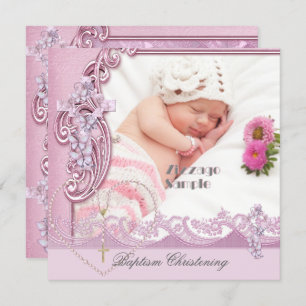 Pretty Baptism Pink Girl Photo Butterfly Lace Invitation