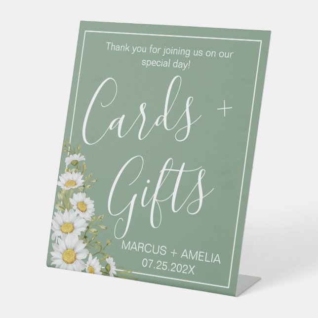 Pretty Basil Green & White Daisies Cards & Gifts Pedestal Sign (Front)