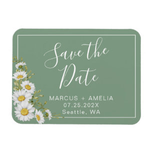 Pretty Basil Green & White Daisies Save The Date Magnet