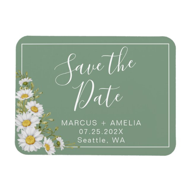 Pretty Basil Green & White Daisies Save The Date Magnet (Horizontal)
