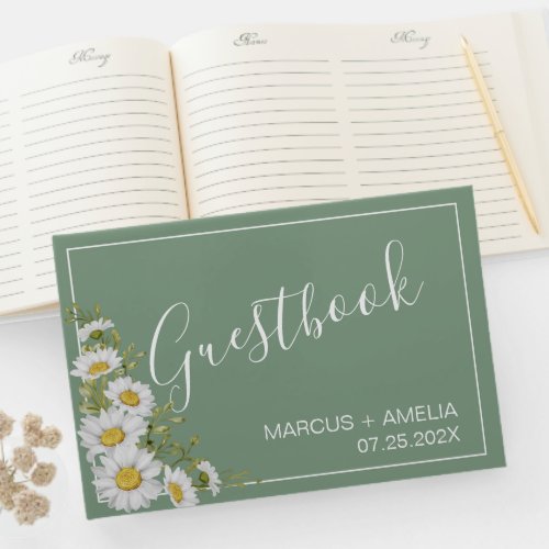 Pretty Basil Green  White Daisies Wedding Guest Book