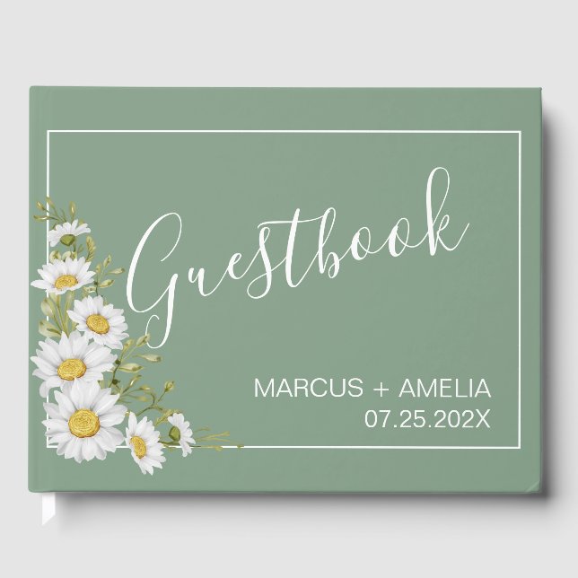 Pretty Basil Green & White Daisies Wedding Guest Book (Front)