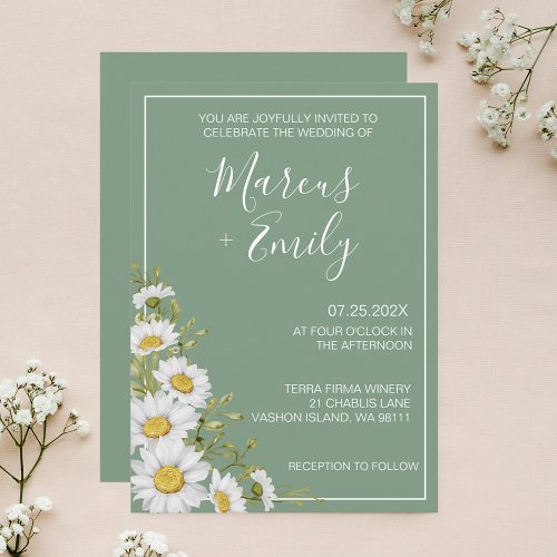 Pretty Basil Green  White Daisies Wedding  Invitation