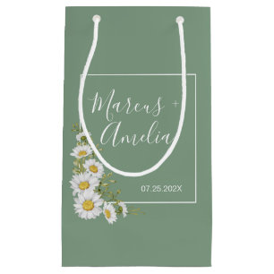 Pretty Basil Green & White Daisies Wedding  Small Gift Bag