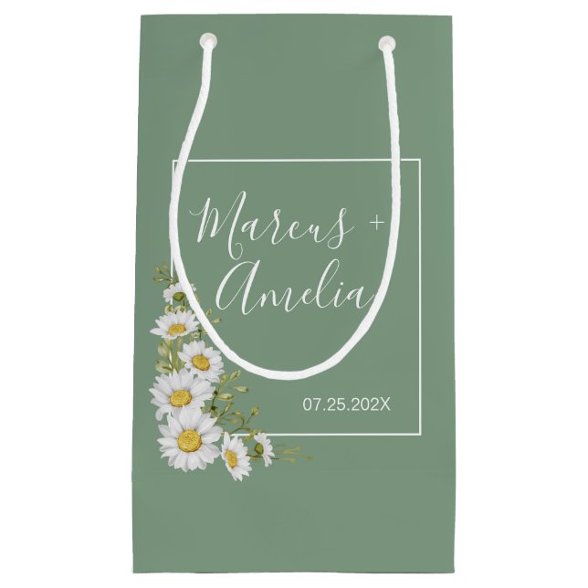 Pretty Basil Green & White Daisies Wedding  Small Gift Bag (Front)