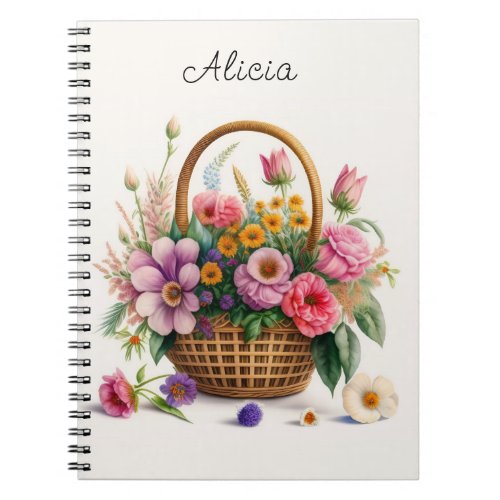 Pretty Basket of Watercolor Spring Flowers  Notebook
