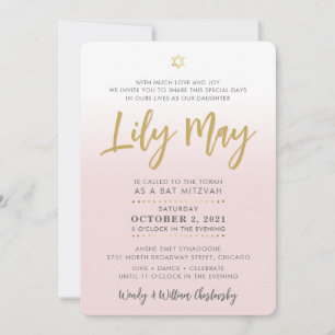 PRETTY Bat Mitzvah pale pink gold elegant script Invitation