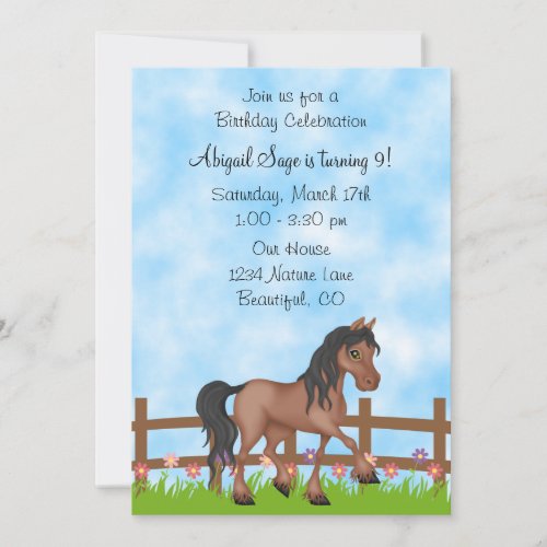 Pretty Bay Horse and Flowers Birthday Invitation