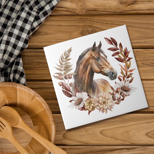 Pretty Bay Horse Autumn Wreath Ceramic Tile