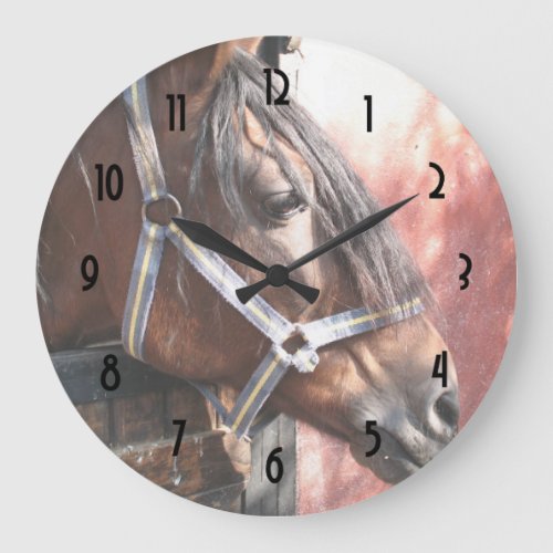 Pretty Bay Horse in a Sunlit Stable Large Clock