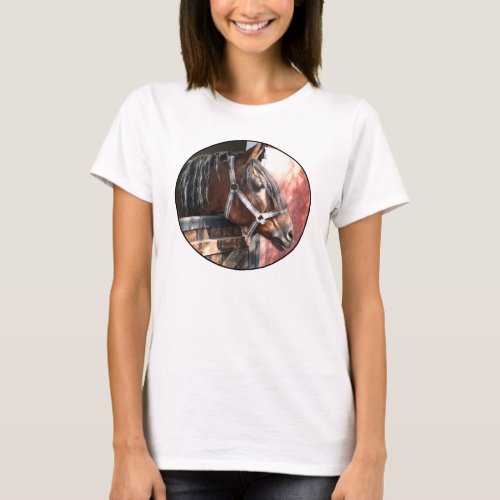 Pretty Bay Horse in a Sunlit Stable T_Shirt