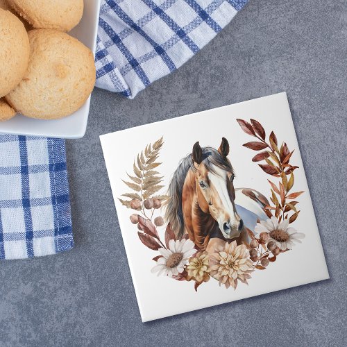 Pretty Bay Paint Horse Autumn Wreath Ceramic Tile