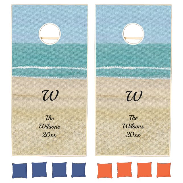Pretty Beach Scene Ocean Monogram Last Name  Cornhole Set (Set)